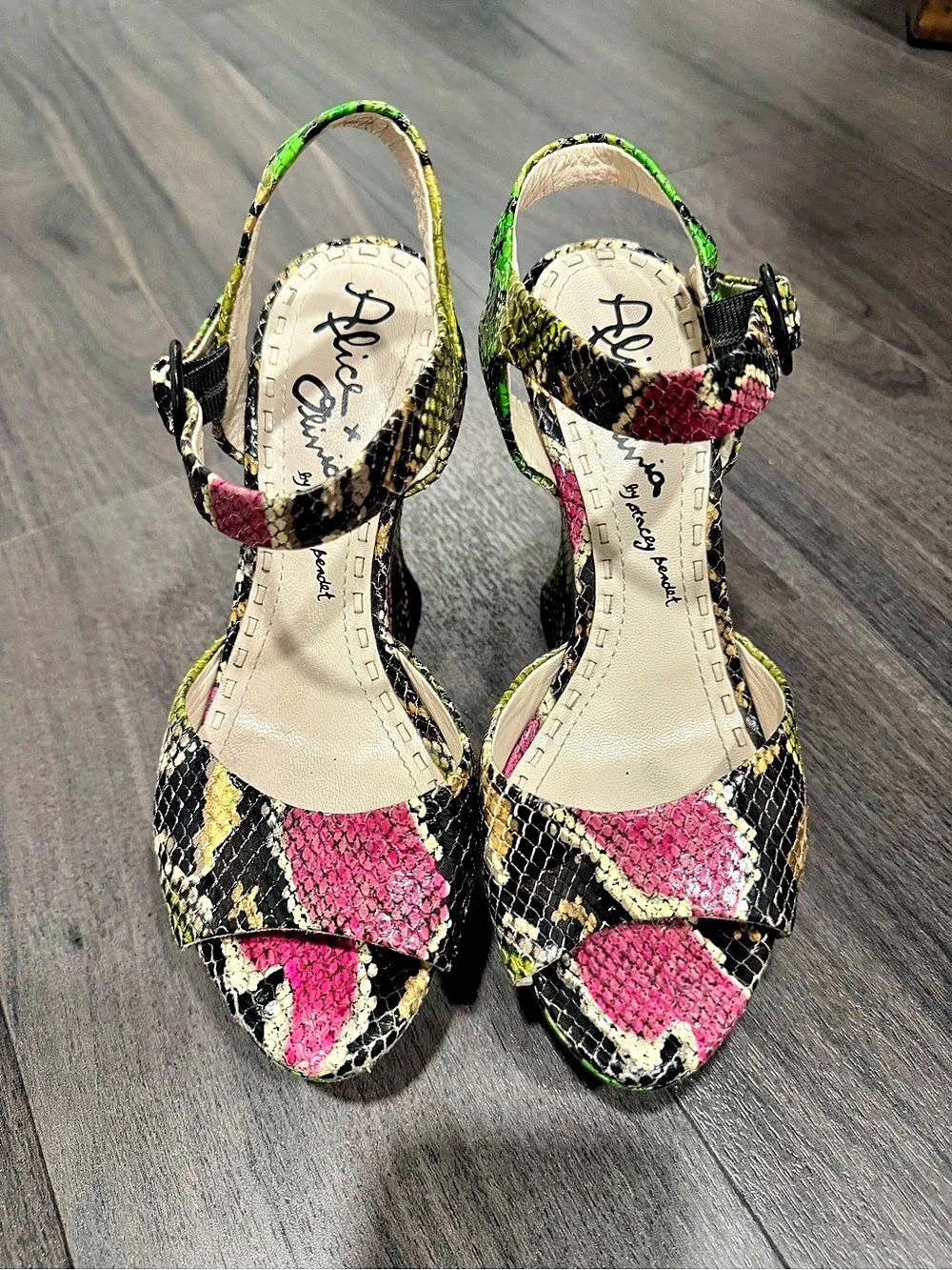 Alice & Olivia Animal Print Wedge Sandals in Green & Pink US 7